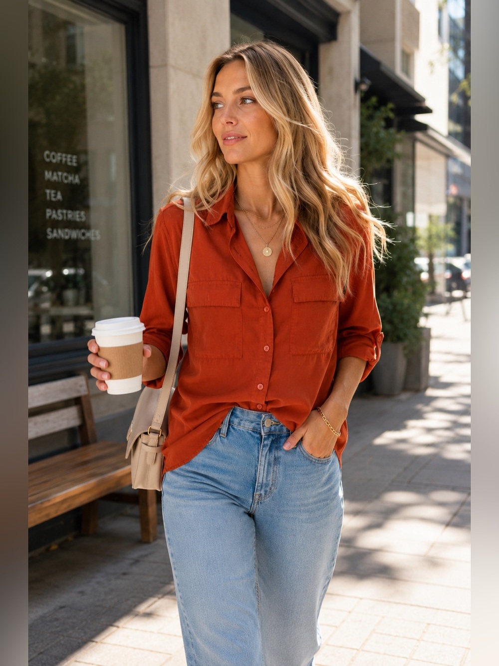 Babaton Aritzia Utility Button-Up Shirt 100% TENCEL Lyocell Rust Orange Size S
